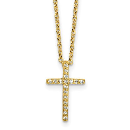 Yellow-tone gold-plated sterling silver cubic zirconia cross necklace, pendant detail