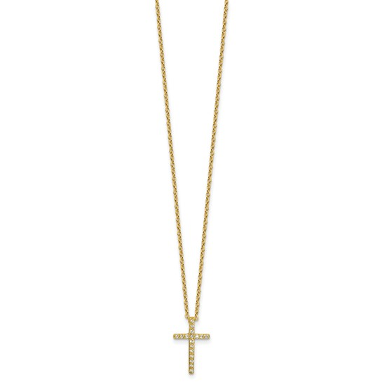 Yellow-tone gold-plated sterling silver cubic zirconia cross necklace, full front view
