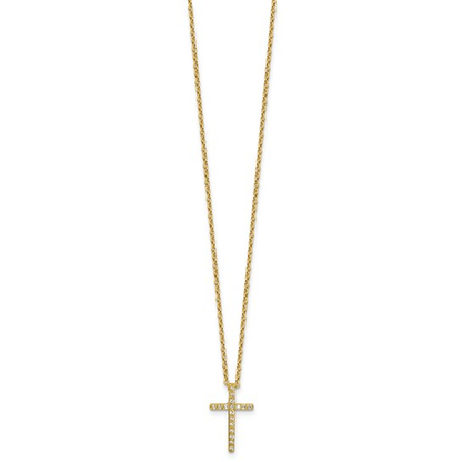 Yellow-tone gold-plated sterling silver cubic zirconia cross necklace, full front view